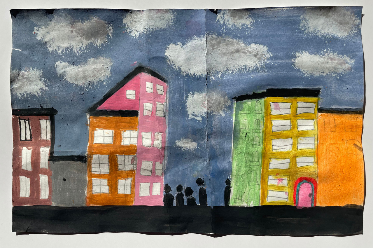 Colorful building with blue sky and clouds