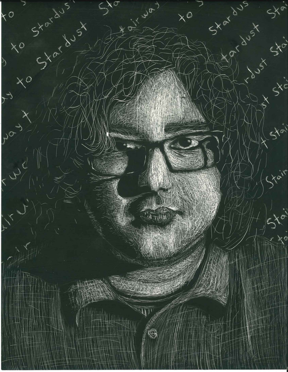 Self portrait of person wearing colored shirt with shoulder length curly hair and glasses. Words written in background. black and white.