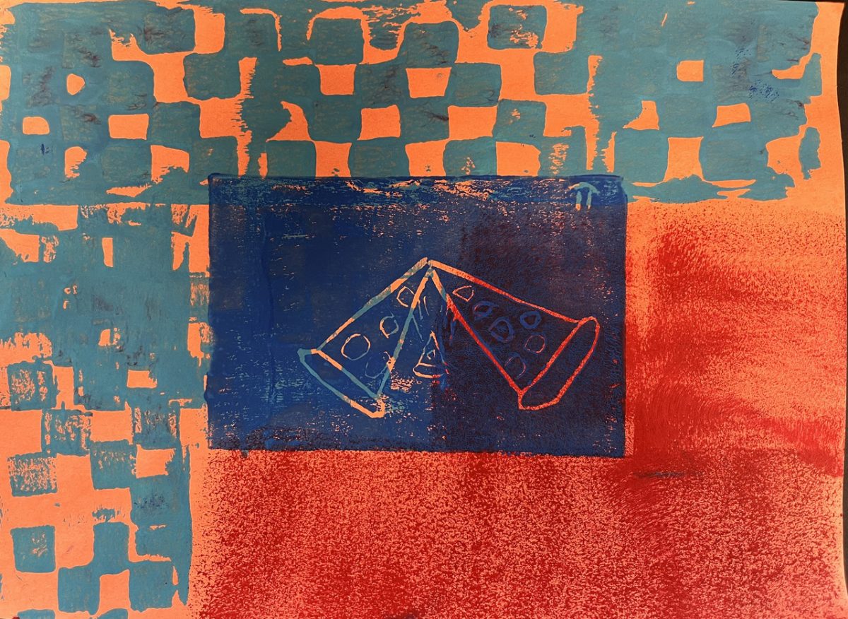 Print with Ink on paper paper blue red orange pizza