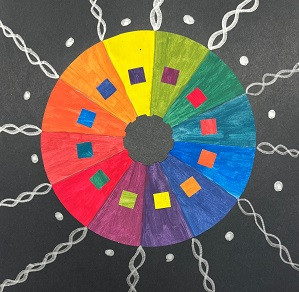 Paper collage of color wheel using paint and marker.