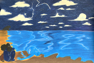 Drawing of girl sitting on a beach in front of blue water with a dark blue sky and clouds above