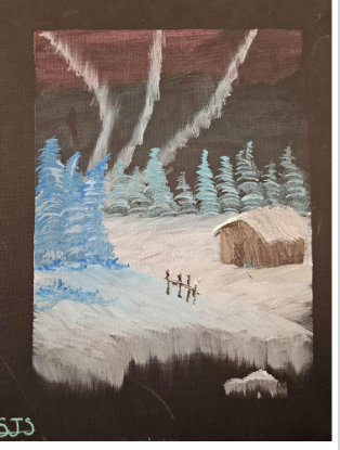 Winterscape with snow on the ground, blue trees, and a small cabin.