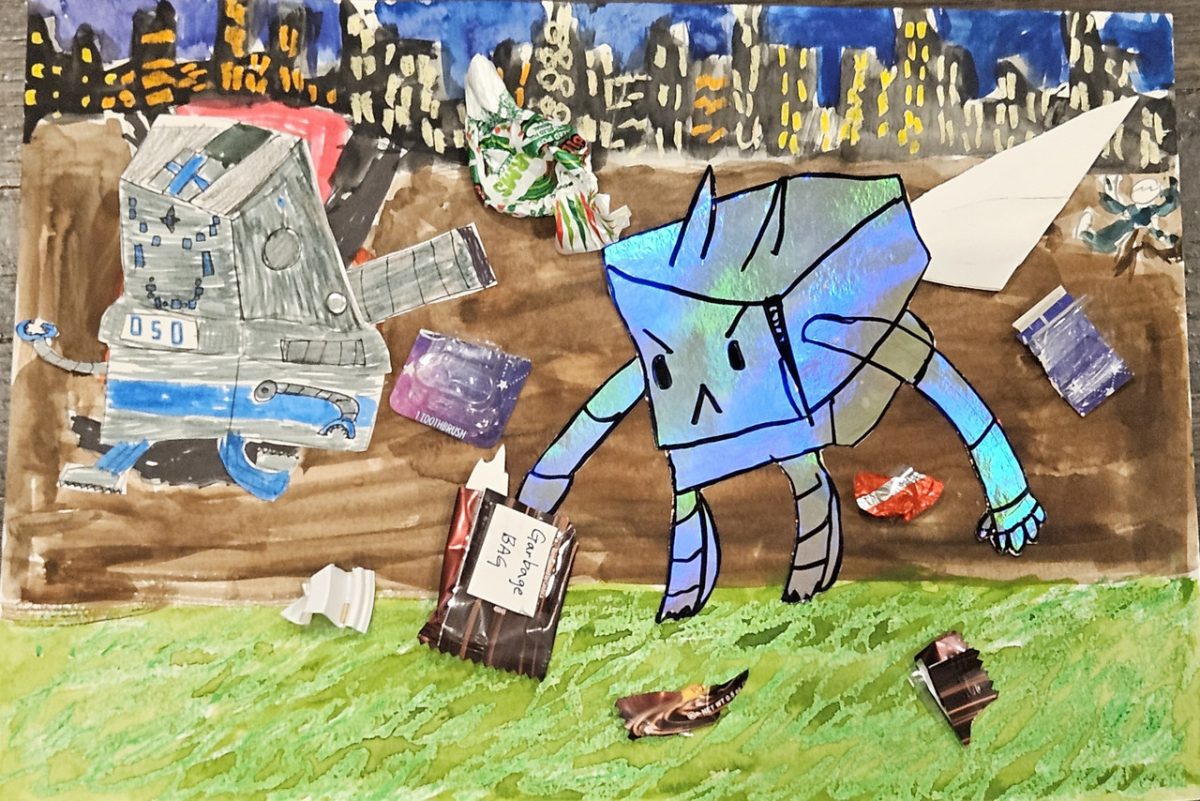 A holographic robot throwing trash, depicted through candy wrappers, onto the ground. There is a city skyline in the background.