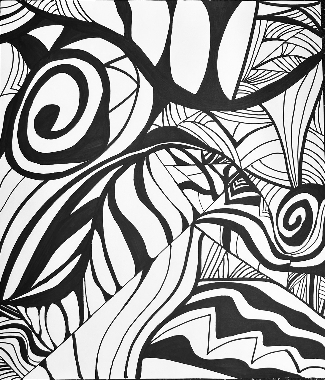 Black and white abstract drawing of lines.