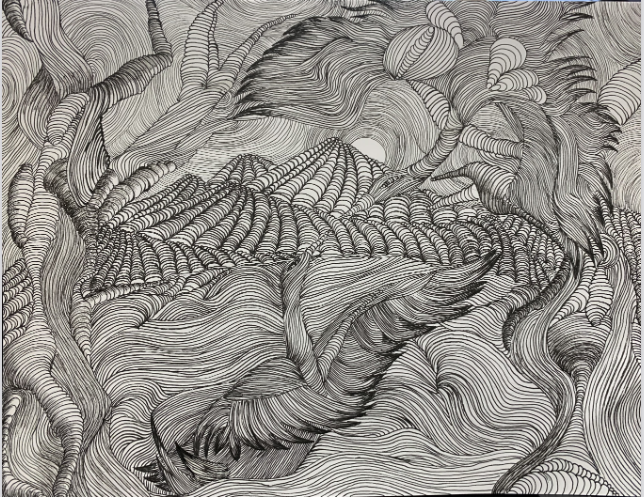 Ink pen drawing in black of many swirling, layering, tube shaped figures. Each is textured differently.