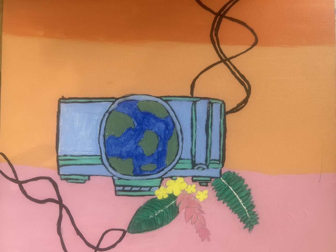 Camera with a symbol of Earth as the lens. There is flora attached to it. The backdrop with a sunset.