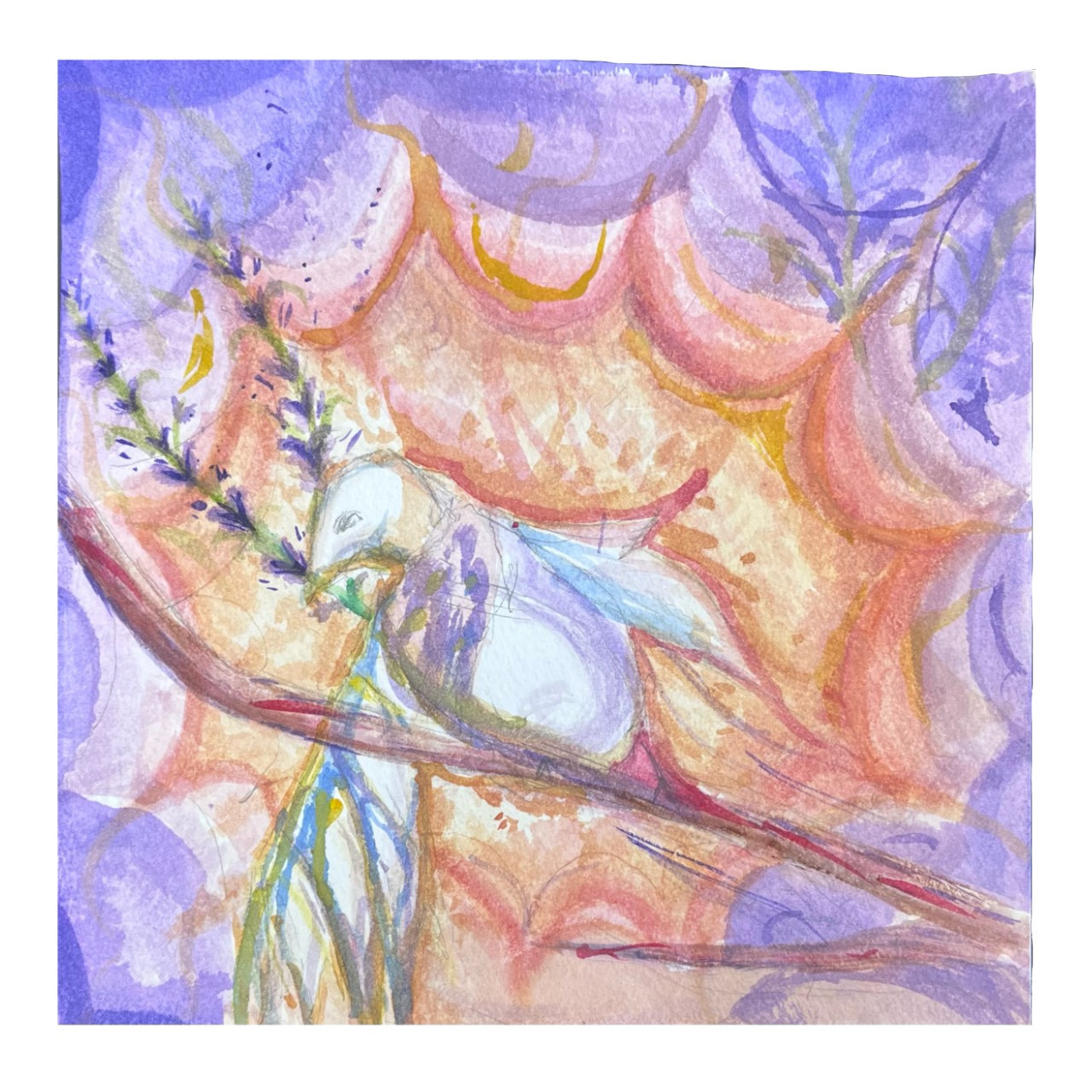 A dove sits on a tree branch surrounded by orange and pink web shaped figures behind.