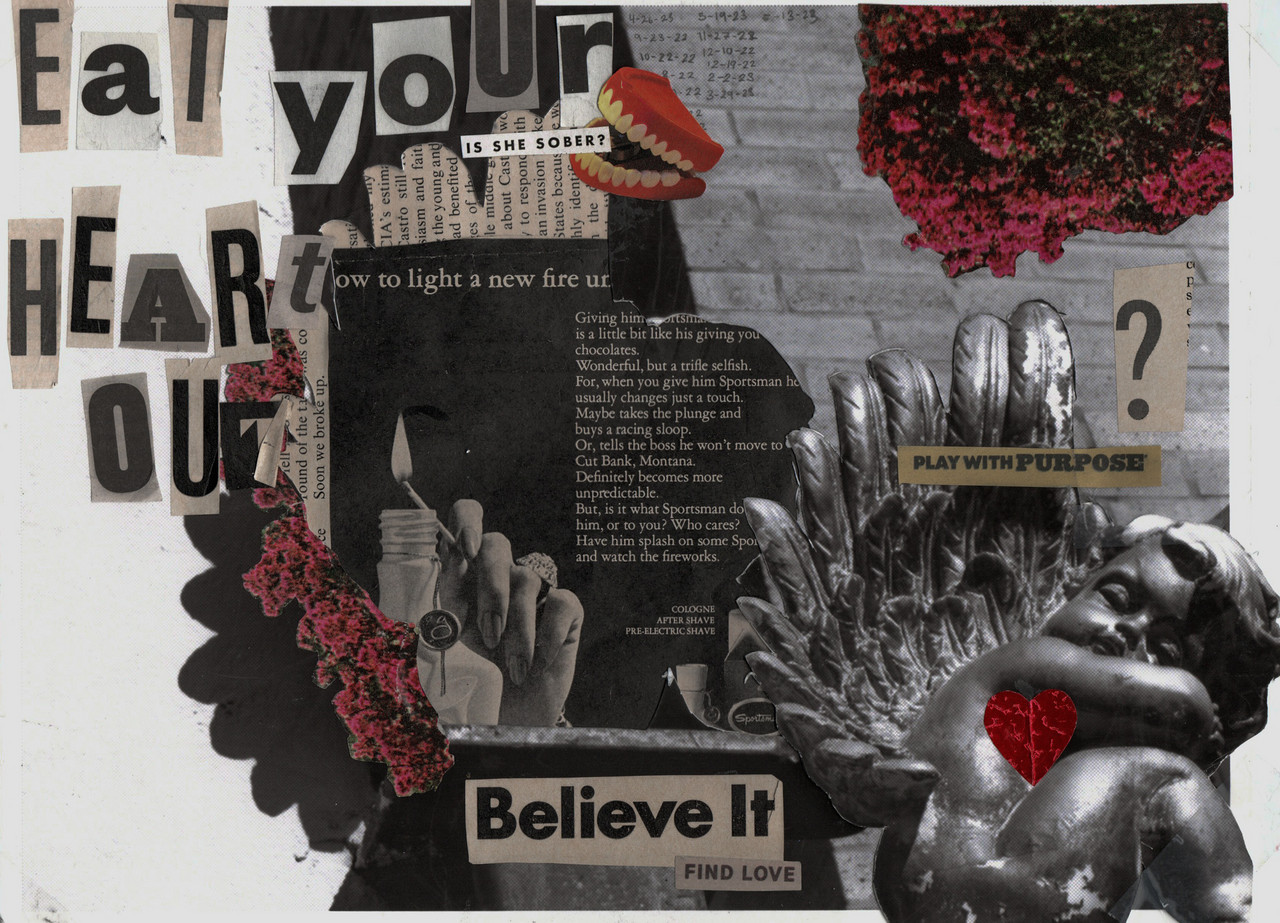 Collage in red , black, and white with different words like "Eat your heart out" and "believe it" as well as images like of a candle and fake teeth.