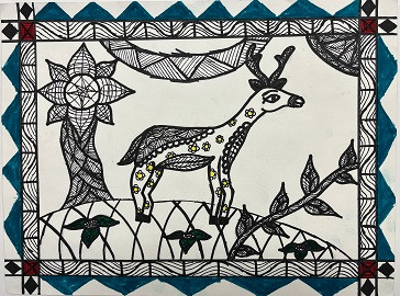 Drawing of plants and an animal with antlers with geometric shapes and patterns.
