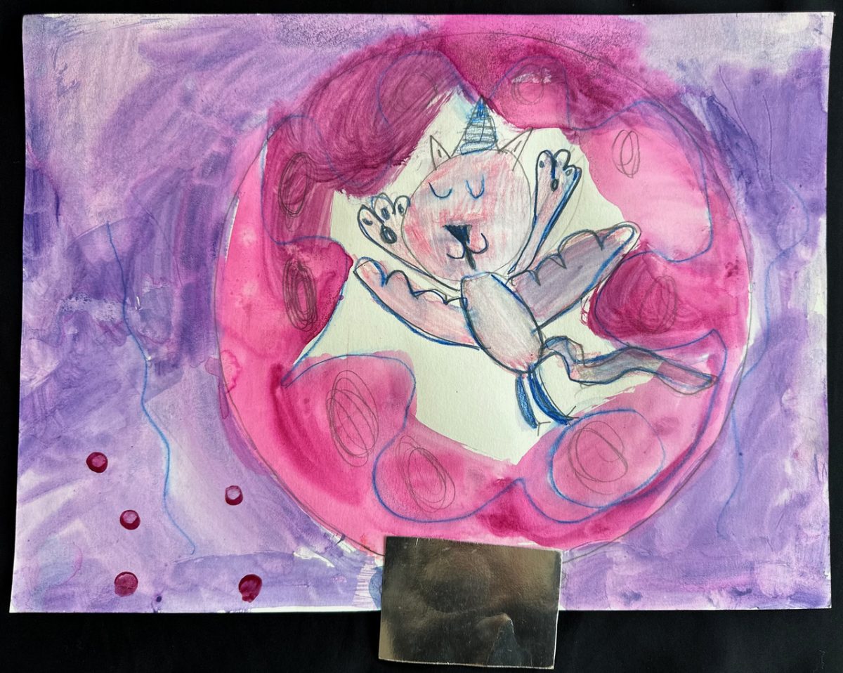 Water color pencil drawing of a butterfly cat inside of a snowglobe.