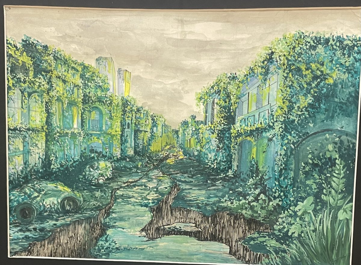 Landscape image in shades of green, blue, and tan. A stream flows through plant covered buildings.