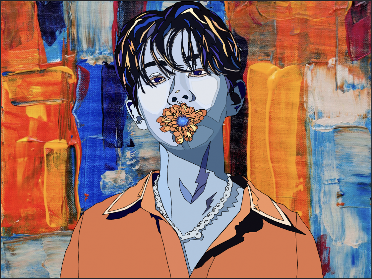 Portrait with flower on mouth.