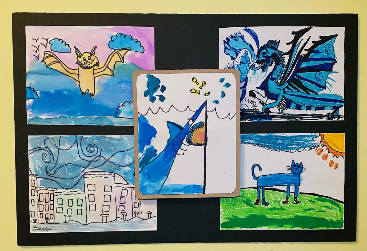 A drawing including depictions of a bat, a dragon, a sky, a cat, and a shark, all colored with blue