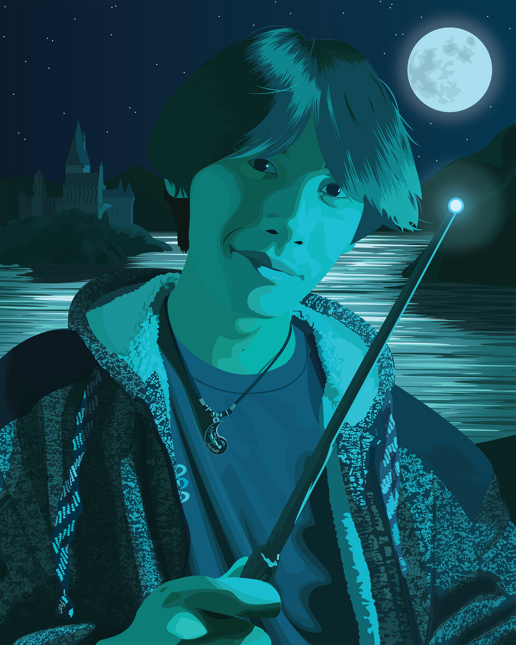 Man with a lit wand facing out of the page in the night with a moon in the background.