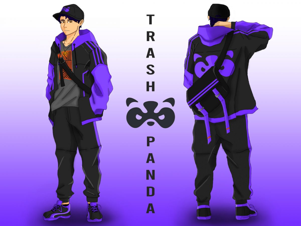 Two men, one facing out one facing in in the same outfit with the words "Trash Panda" in the center