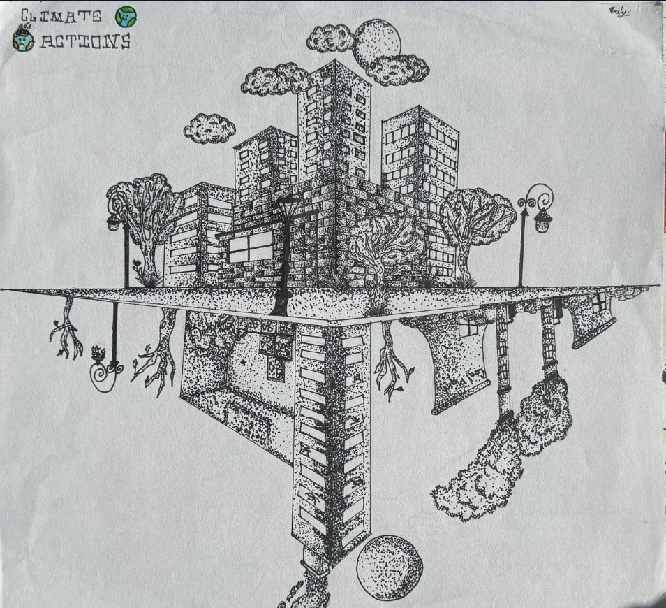 Pen and ink drawing. Mirror image of city buildings and trees.