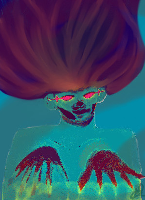 digital art supernatural figure purple blue