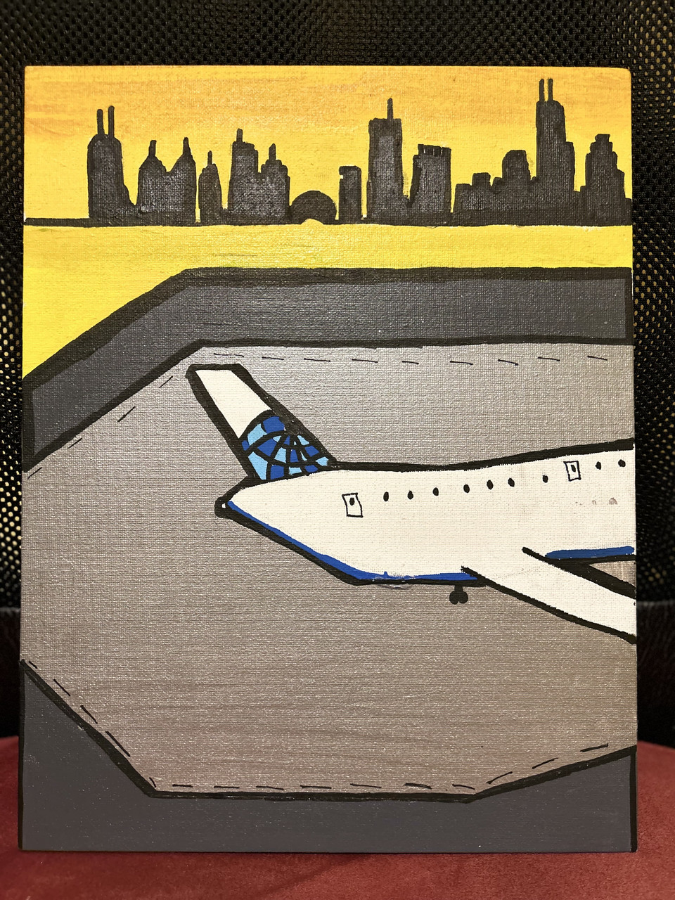 Painting of plane flying in front of Chicago skyline. Yellow background.