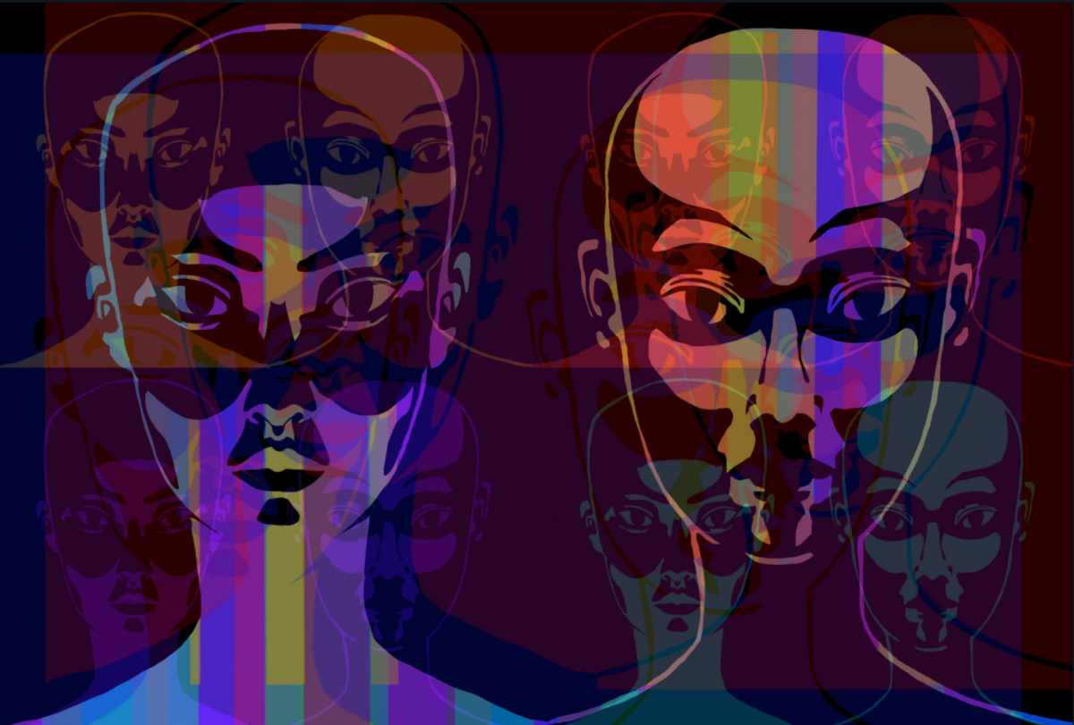 Two faces on a purple background