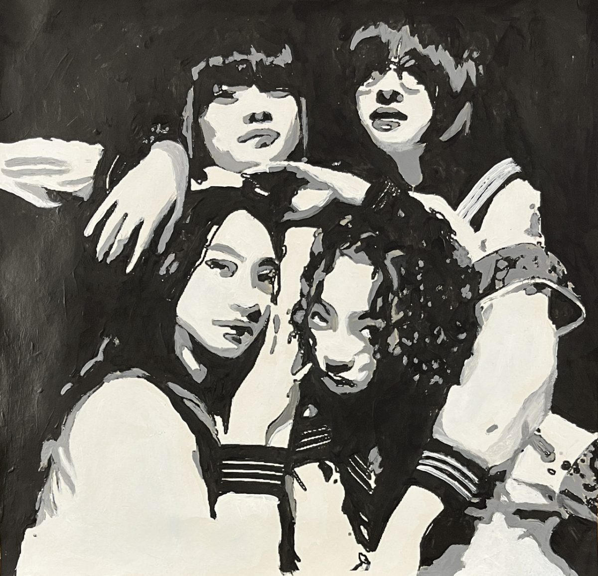 A portrait of four girls posing together, painted in black and white