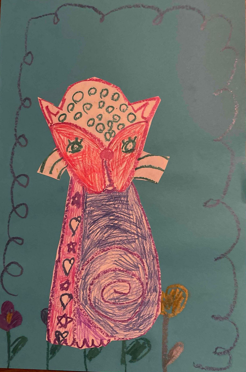 Oil Pastel and Colored Pencil Collage of a cat in a garden