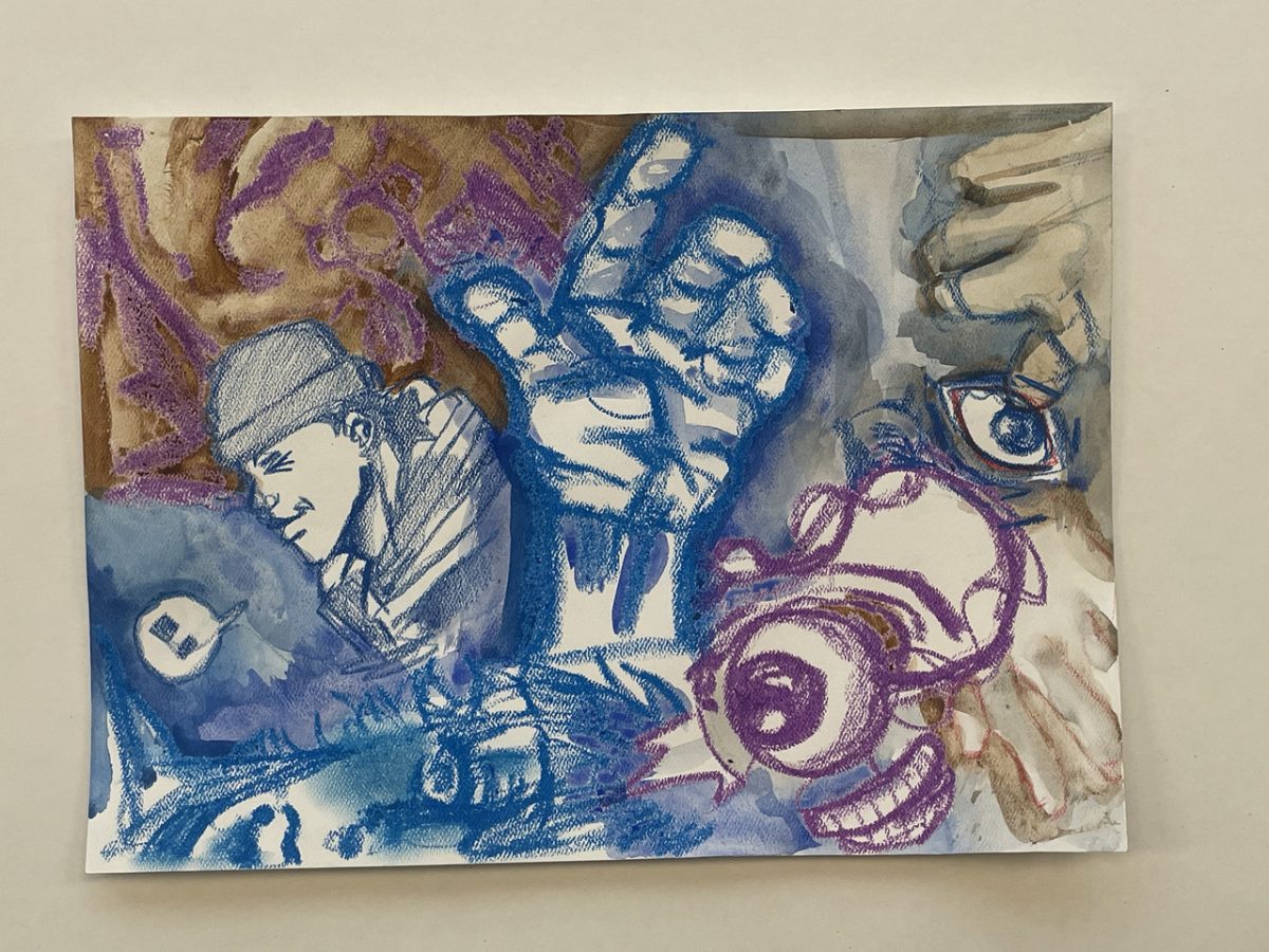 Blue hand reaches up, boy in beaning, eyeballs, and purple half face all overlay eachother.