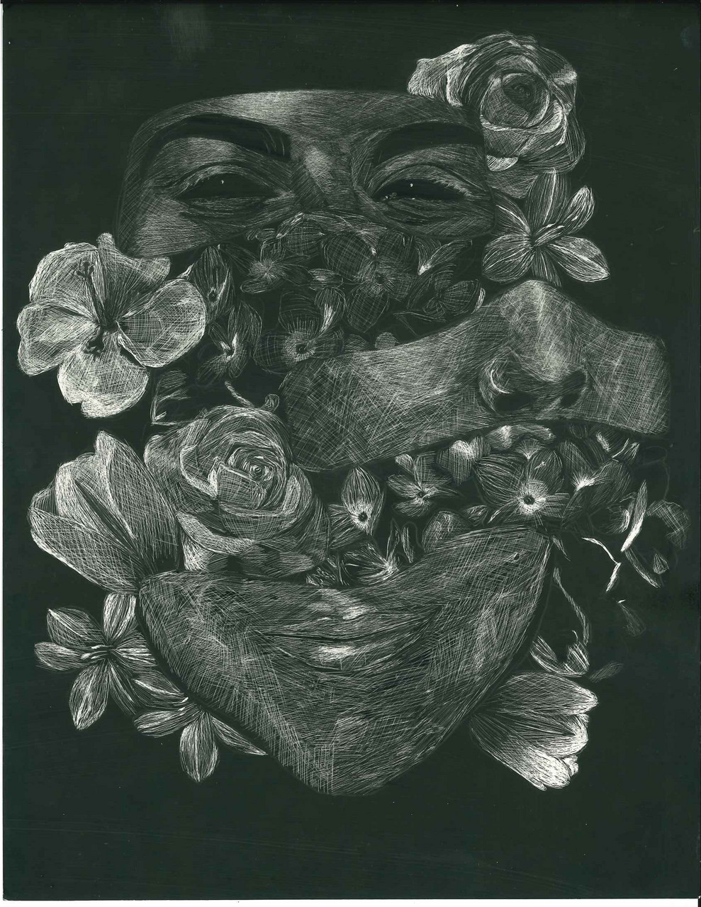 A face is split into three components: the eyes, nose, and mouth. Flowers divide each component in differing shades of black and grey.