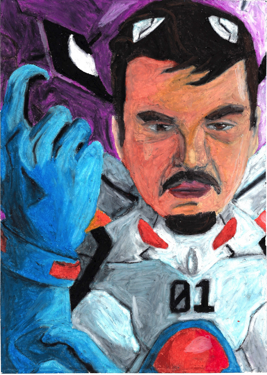 Drawing of a man in special suit. He wears a blue glove and points a finger.