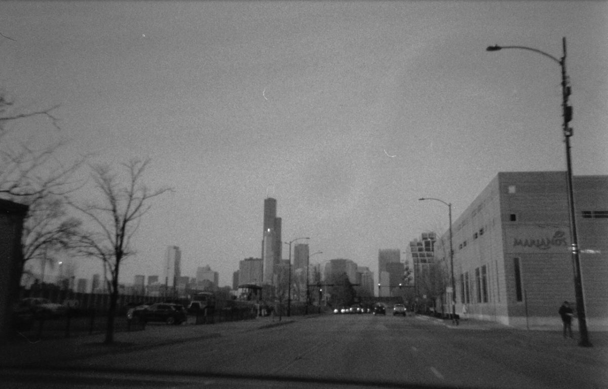 Black and white skyline of downtown Chicago