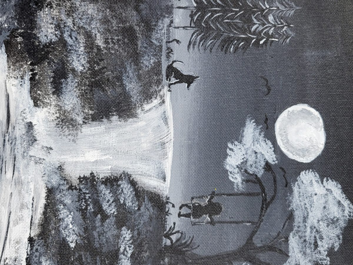 Black and white painting of a night with silhouette images: Barren landscape with some trees, upon which a child is singing. Dog, birds and moon in background.