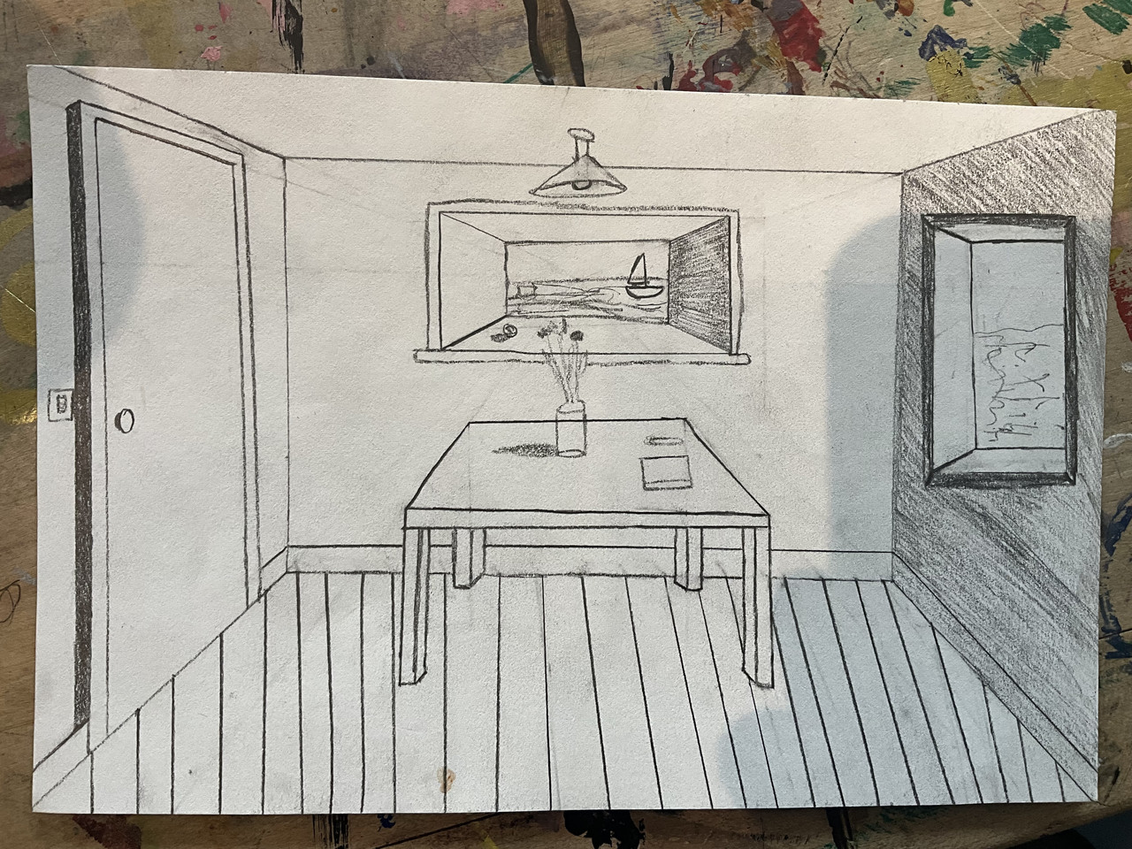 Neutral view of a room with a sailboat painting, small table underneath, a door on the left and a window on the right