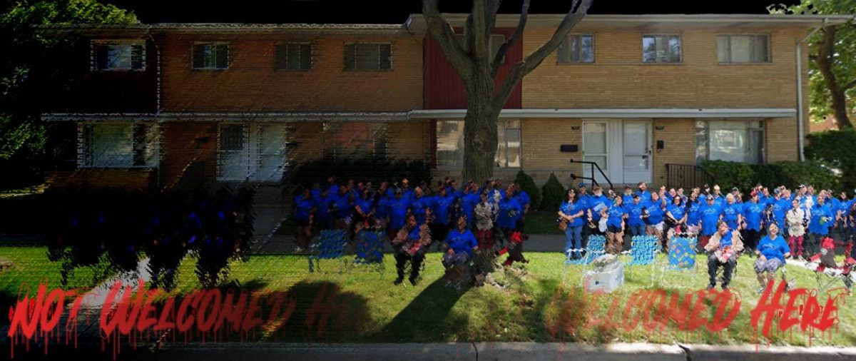 In front of an apartment complex, a group of white people sit in front, fading from dark to light. In red text it says not welcomed.