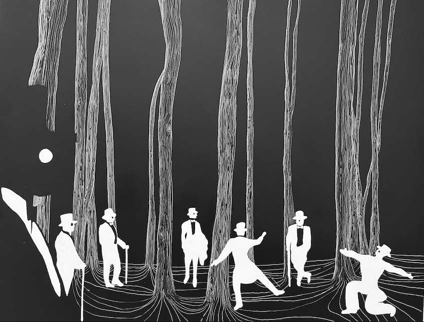 black and white scratchboard of people in trees.