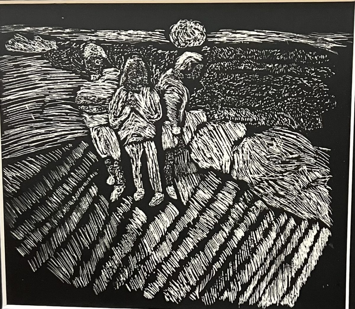 The artist's friends from school are huddled around the ledge of Montrose Beach