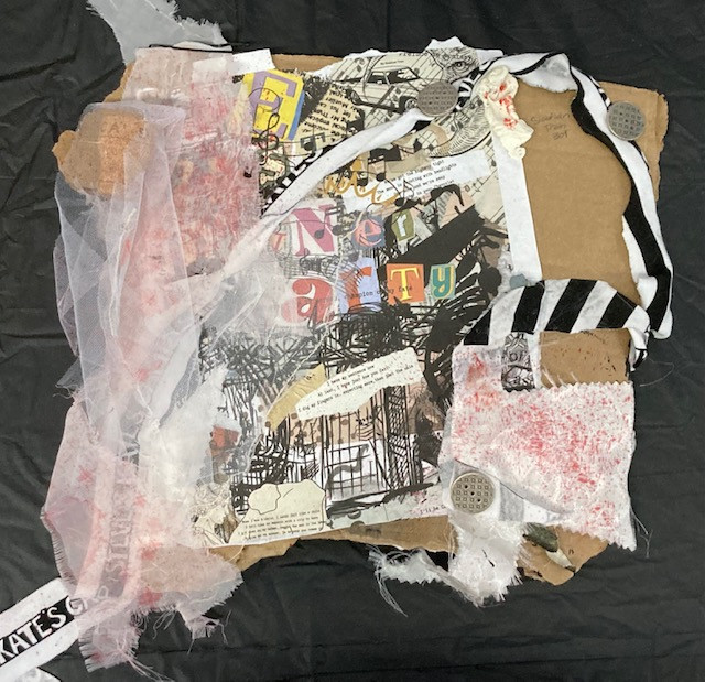 Multi media collage with fabric, paper, and cardboard.