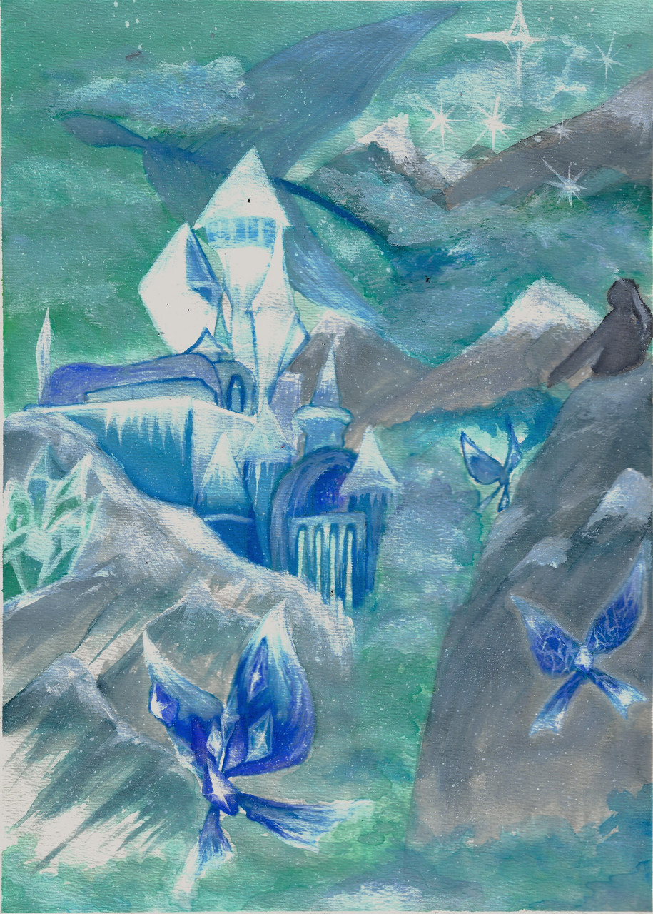 Crystalline butterflies litter a pale blue castle landscape with large hills and moutains