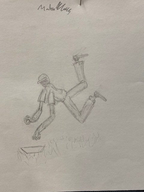 Pencil drawing of a person with extended limbs inspired by Ernie Barnes.