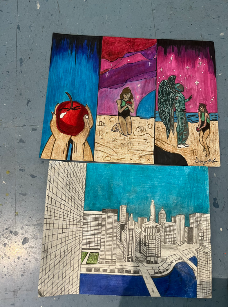 Sequential art piece that shows a girl eating an apple at a shore and being introduced to a metropolis
