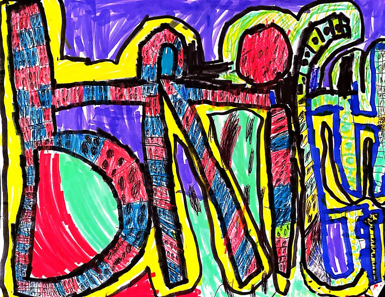 colored pencil, pen, marker on paper bright