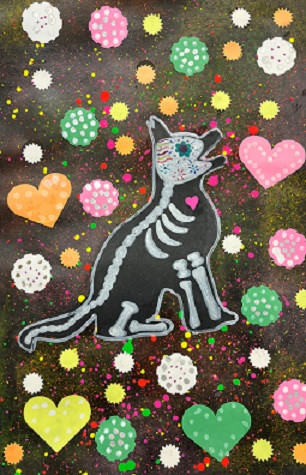 collage side profile of skeleton dog with heart background.