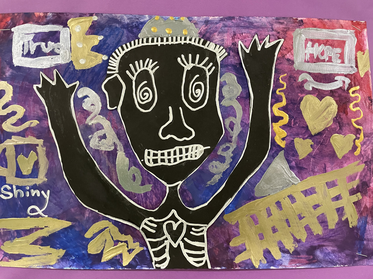 Portrait of a boy in black and white with a colorful background in the style of Basquiat.