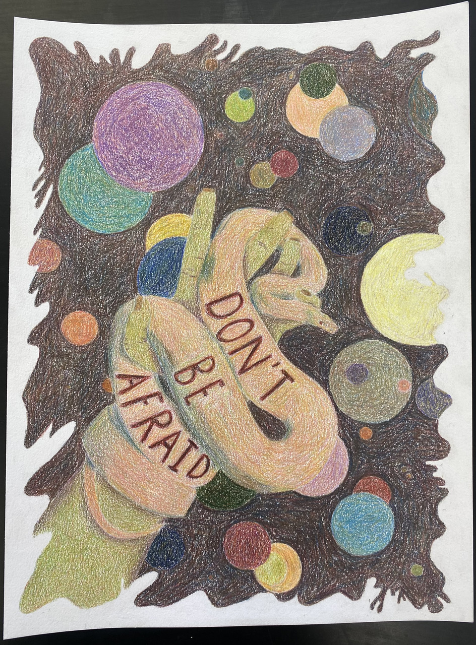 Snake labeled with don't be afraid on its body. Multicolored circles in a dark brown background with a white organic border