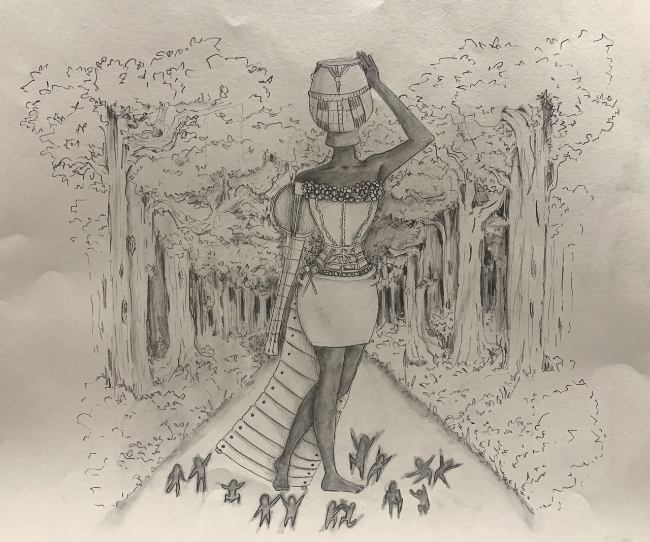 Woman made up of drums, guitars, maracas, and other instruments is standing in a forest on top of early civilization drawings