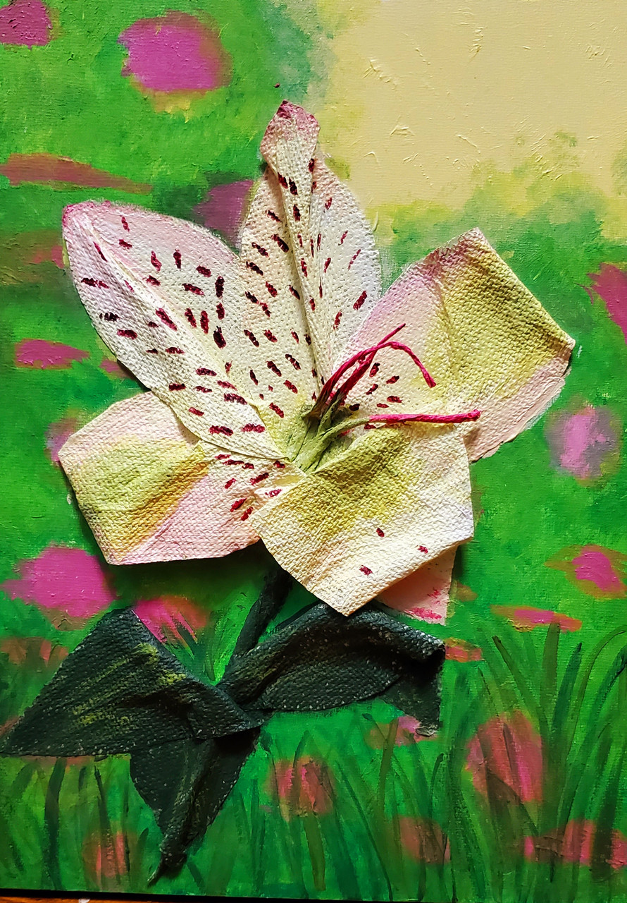 Painting of a lily with red specks over top a green grass background with pink spots.