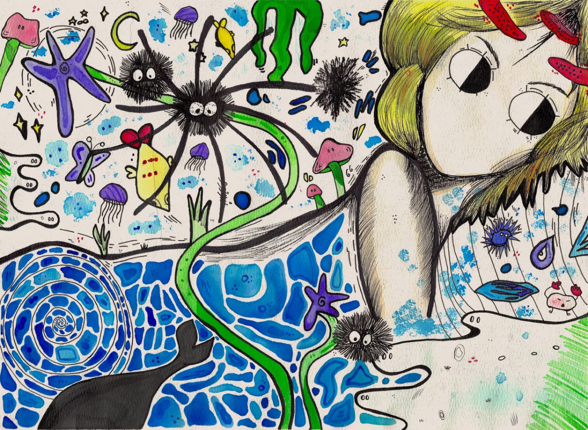 Abstract drawing with a girl depicted on the top right with various shapes (butterfly, spider) drawn in the surrounding.