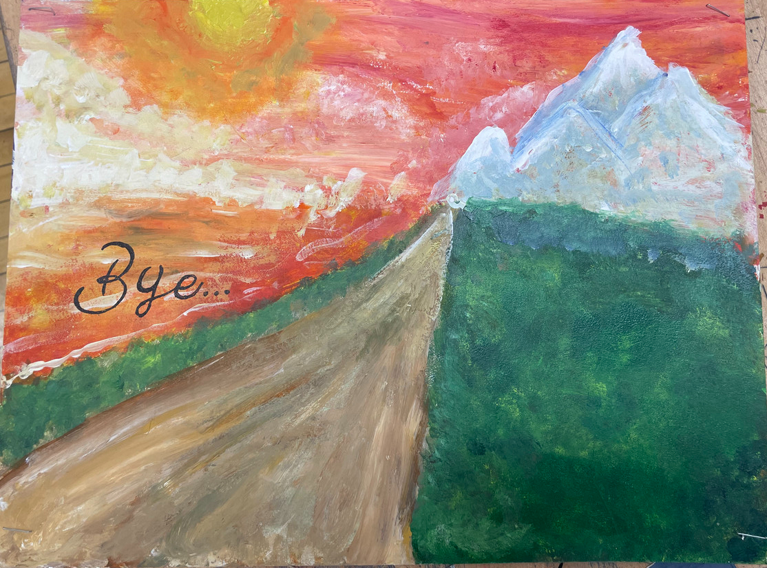Landscape of a pink and orange sky, a road, a grassy area, and a mountain. The word "Bye " is painted overtop the sky.