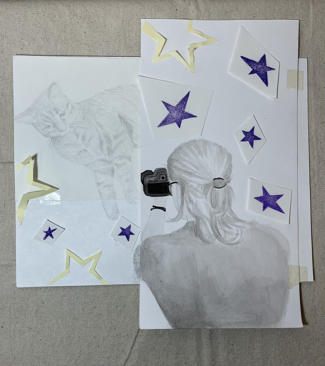 Person with a ponytail photographing a cat and purple and beige stars surrounding the two subjects