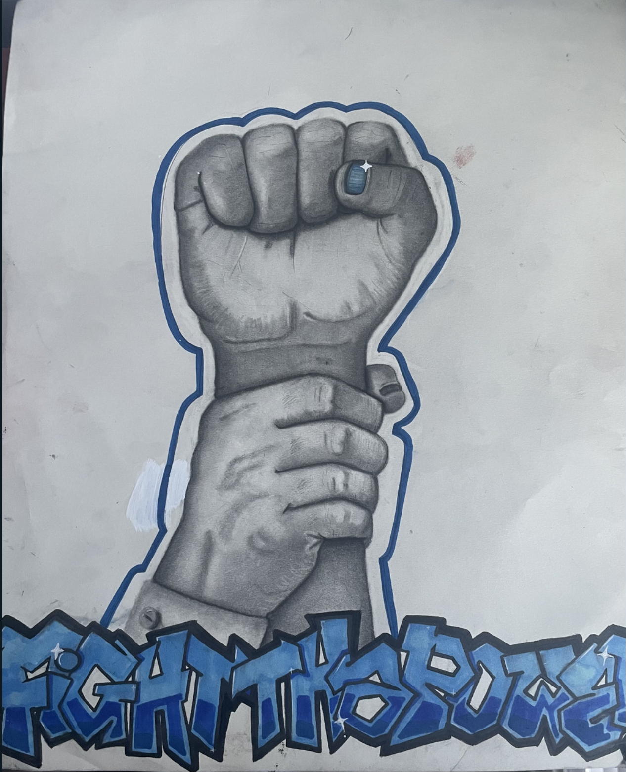 Hand holding wrist of fist. Blue highlighted.