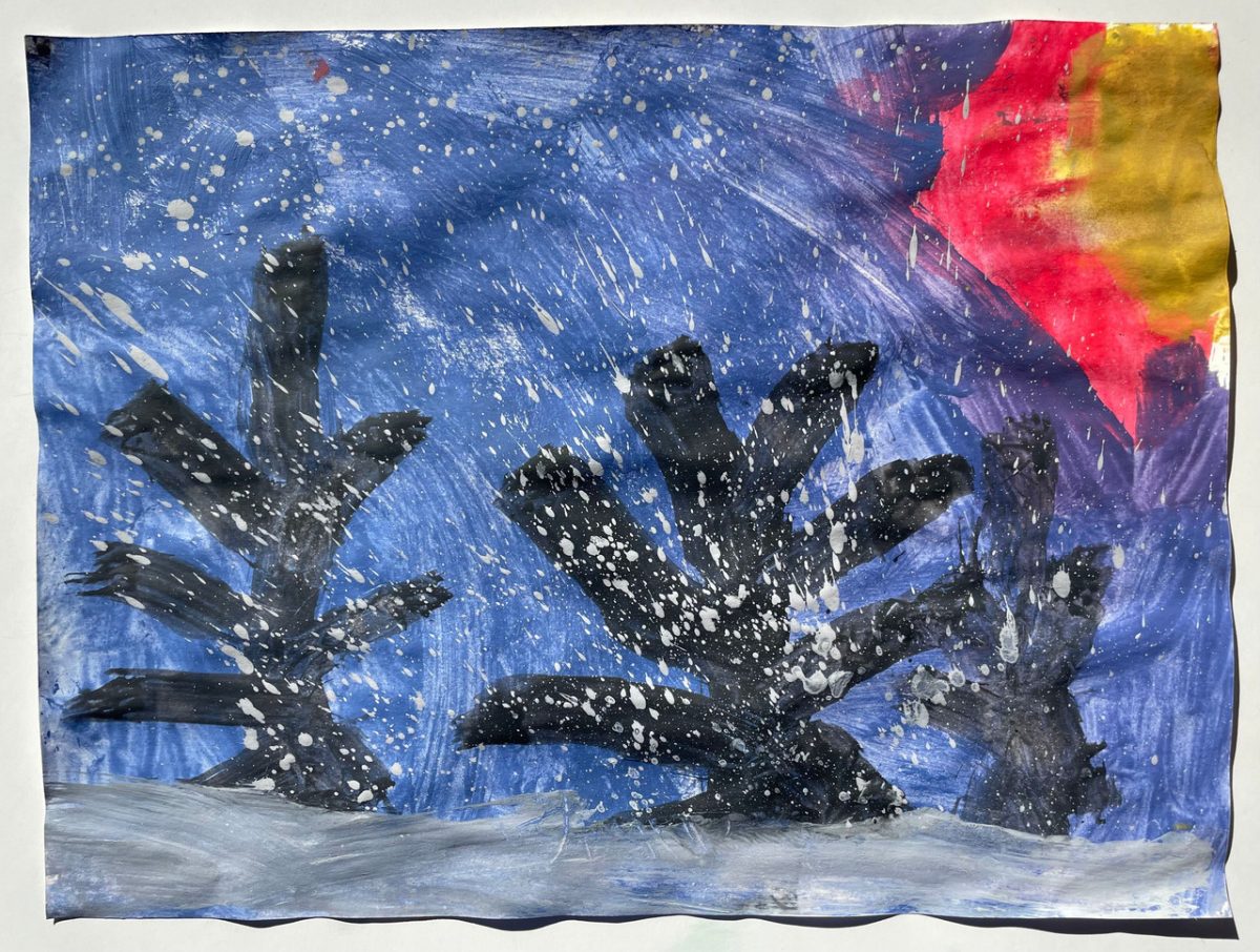 Blue sky with black trees