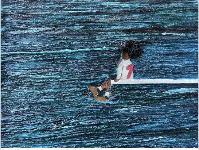 Inspired by album cover of SZA's, figure sits on a platrom overlooking blue space. Shades of blue composed of individual pieces of yarn.